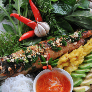 Cá lóc nướng chui cuốn bánh tráng